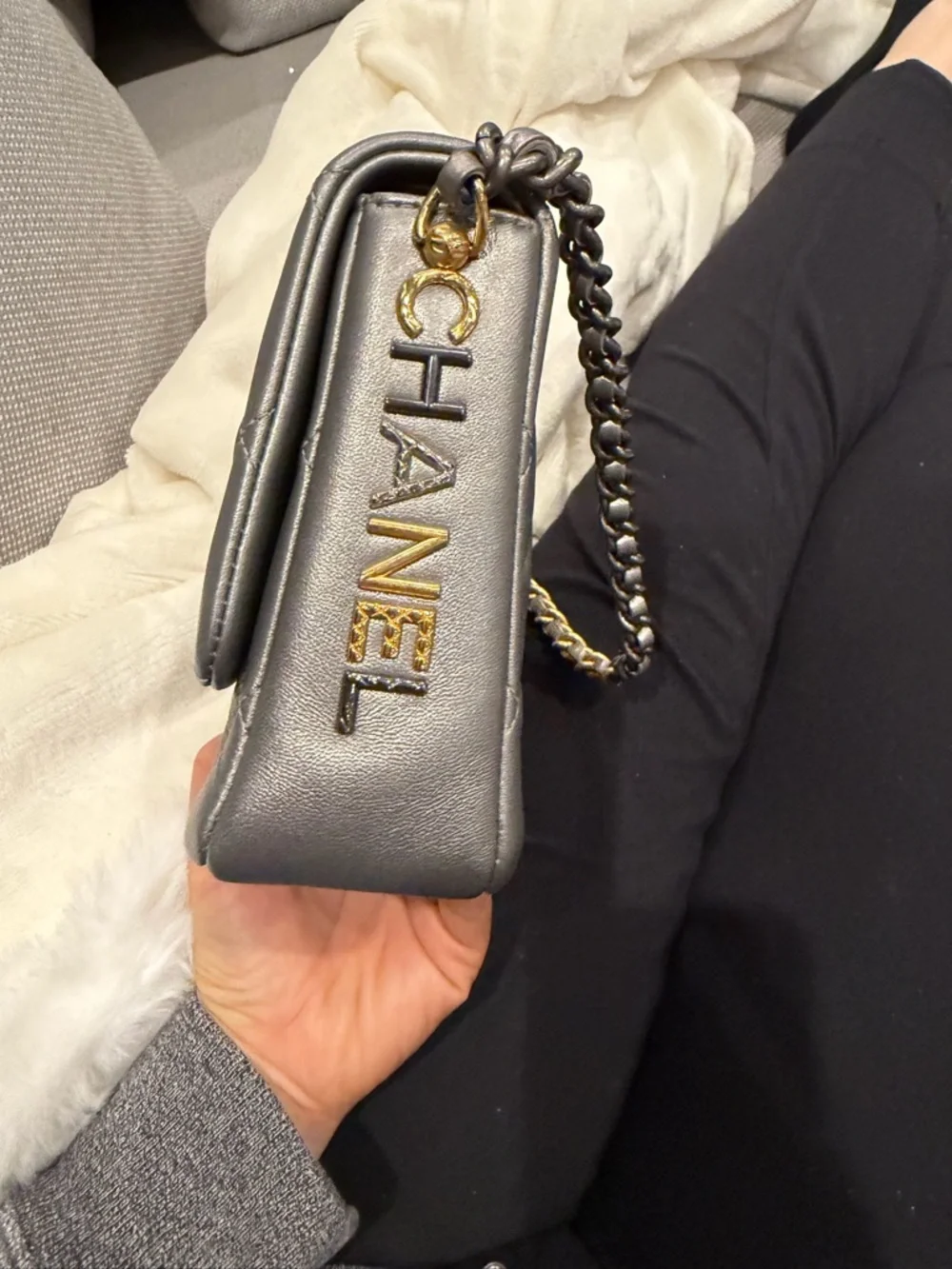 50% Off Retail CHANEL Mini Side Note Flap  W/ Handle Gray Chip 21B (ks2290as)